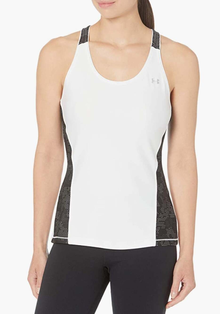 Under Armour Women UA Heatgear Racer Back Workout Gym Fashion Tank Top Black Wht